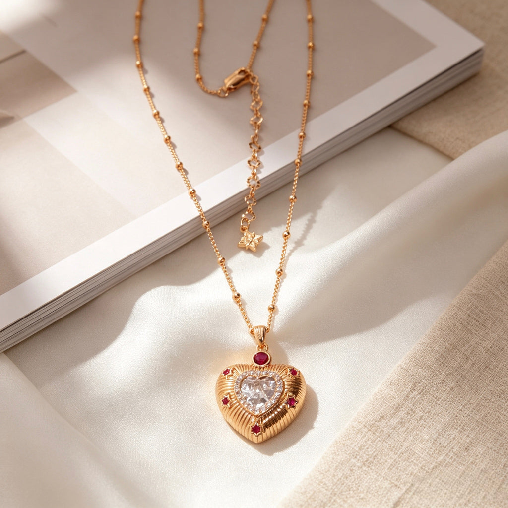 Keepsake heart necklace layered with a delicate chain
